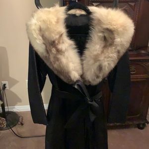 Leather long length coat with Fox fur collar Sz S